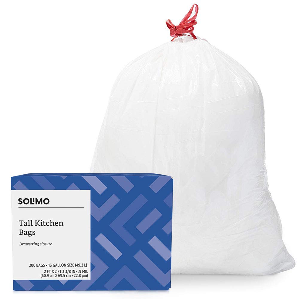 Book Cover Solimo Trash Bags (Unscented, Tall Kitchen Drawstring, 13 Gallon, 200 Count)