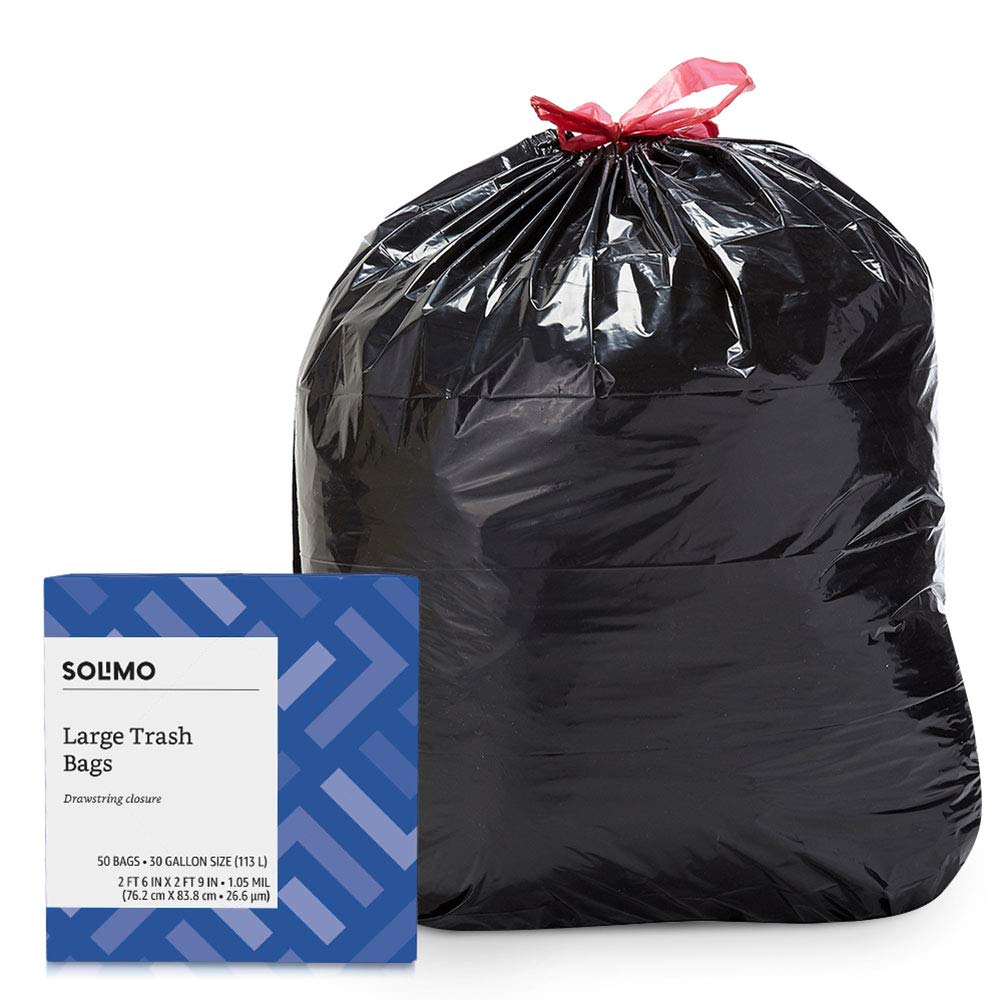 Book Cover Amazon Brand - Solimo Multipurpose Drawstring Trash Bags, 30 Gallon, 50 Count
