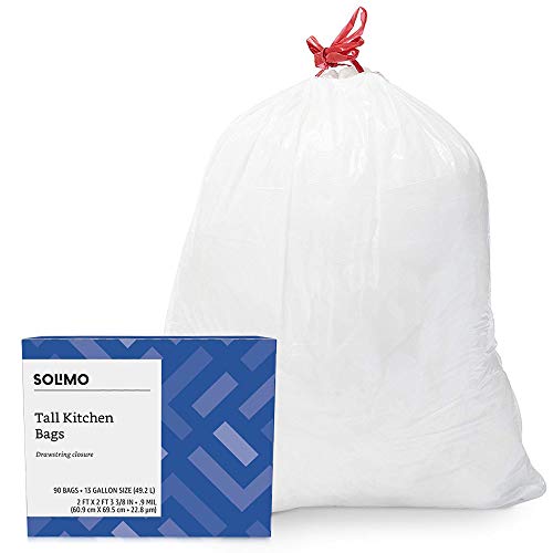 Book Cover Amazon Brand - Solimo Tall Kitchen Drawstring Trash Bags, 13 Gallon, 90 Count