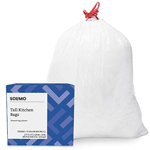 Book Cover Amazon Brand - Solimo Tall Kitchen Drawstring Trash Bags, 13 Gallon, 120 Count