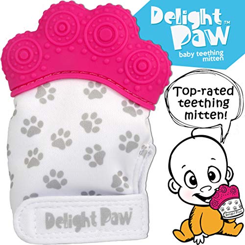 Book Cover Delight Paw | Baby Teething Mitten | Mom Designed for Self Soothing Pain Relief | Hygienic Travel Bag | Mittens BPA Free | Like Munch Mitt | Baby Boy or Baby Girl | Babies 3-12 Months | Precious Pink