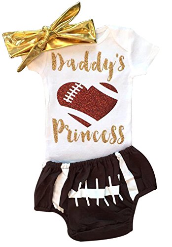 3Pcs Baby Girl Summer Outfit Set Short Sleeve Daddy's Football Princess Bodysuit Tops Shorts with Headband