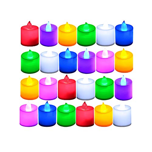 LANKER 24 Pack Flameless Tealight Candles - 7 Color Changing Battery Operated Led Tea Lights â€“ Electronic Fake Candles â€“ Decorations for Wedding, Party, Christmas, Halloween (7 Color Changing)