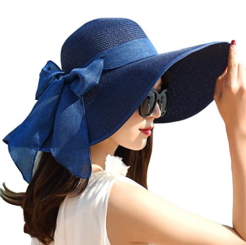 Women Big Bowknot Straw Sun Hat Floppy Foldable Roll up UV 50+ Beach Cap