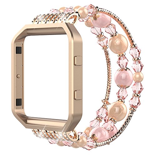 Simpeak Compatible for Fitbit Blaze Band with Frame, Replacement Fashionable Beaded Elastic Bracelet Band Strap for Fit bit Blaze Smartwatch - Large(7.28"),Pink