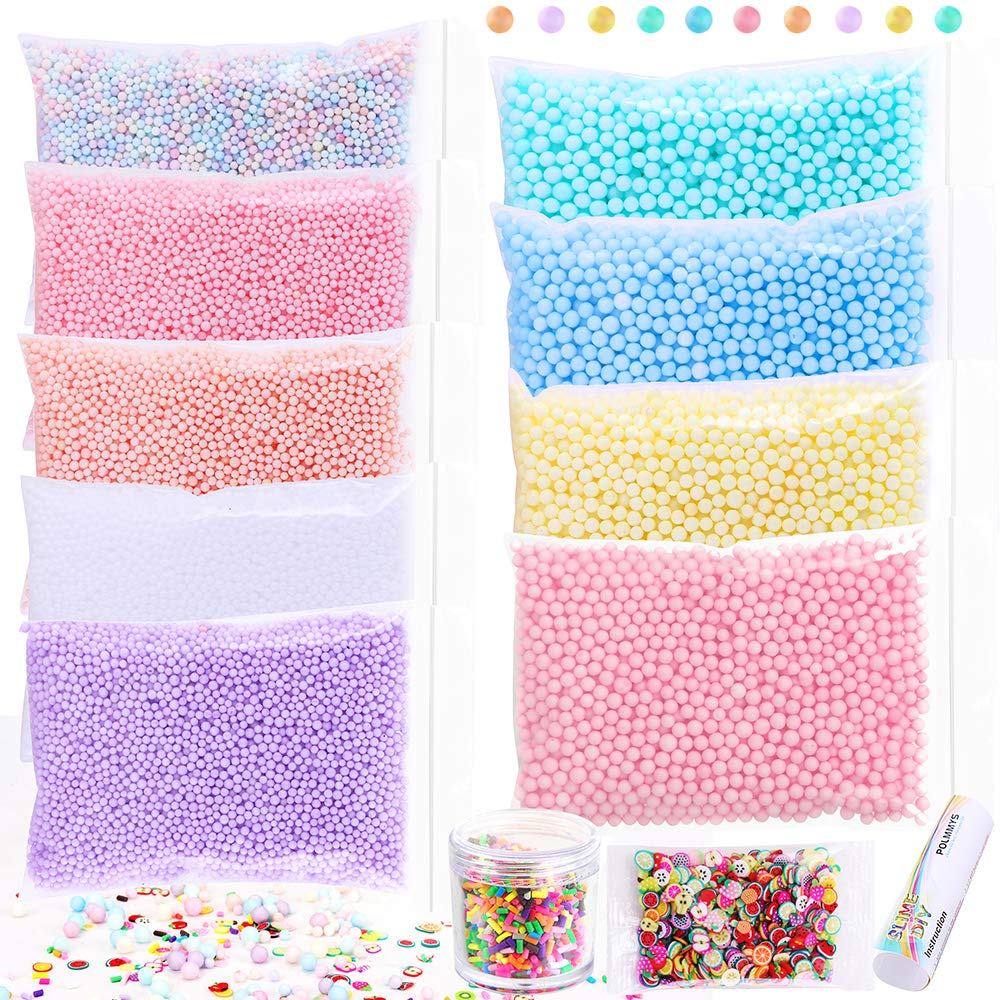 Book Cover POLMMYS Foam Beads for Slime and Soft Clay, Including Chocolate Pieces, Fruit Spices for DIY Slime Making, Homemade Art Craft, Girl Slime Party (11 Pack)