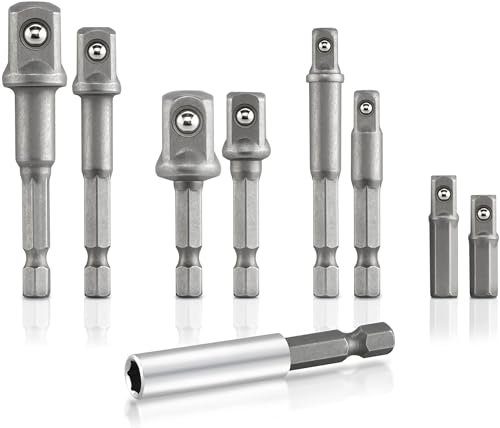 Neiko 00257 Socket Adapter Drill Extension Bit Set, 9 Piece Cr-V Hex Shank | 1/4. 3/8, 1/2 Inch Drive