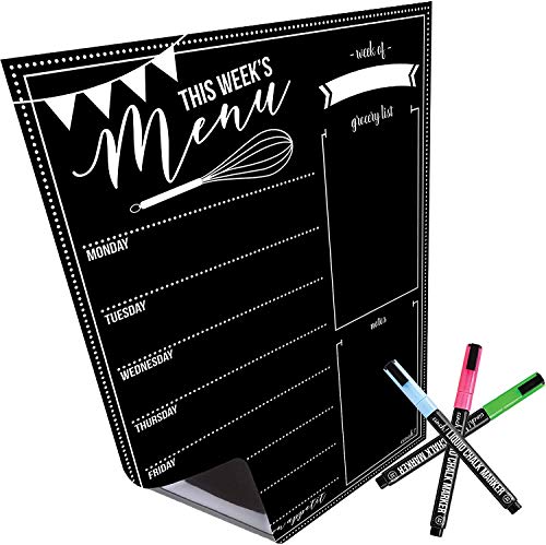Magnetic Dry Erase Weekly Menu Board for Fridge: with Stain Resistant Technology - 4 Fine Tip Markers and Large Eraser with Magnets- Menu Whiteboard Wall Organizer: Refrigerator White Board