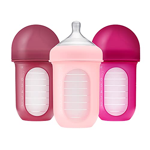 Book Cover Boon Nursh Stage 2 Medium Flow Reusable Silicone Baby Bottles with Collapsible Silicone Pouch Design - Everyday Baby Essentials - Pink - 8 Ounce - 3 Count