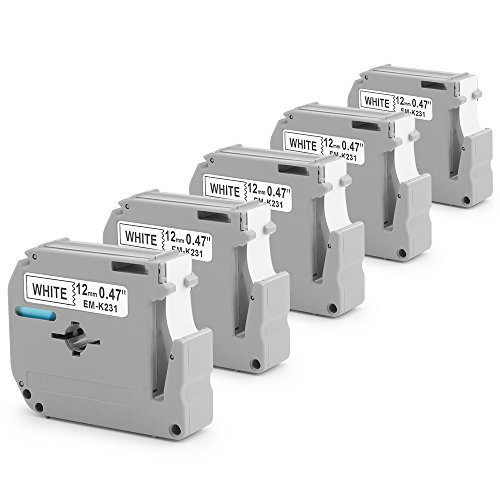 Suminey Compatible Label Tape Replacement for Brother P-Touch M Tape 12mm 0.47 Inch M231 MK231 M-K231 Work with Brother Ptouch PT-M95 PT-90 PT70 PT-65 PT85, Black on White, 26.2 Feet, 5-Pack