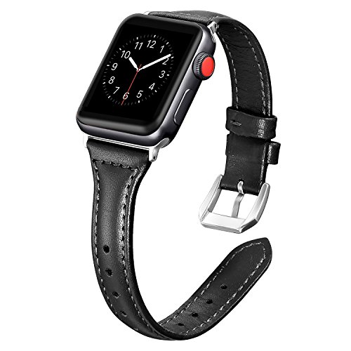 Secbolt Leather Bands Compatible with Apple Watch Band 38mm 40mm 41mm Iwatch SE Series 9 8 7 6 5 4 3 2 1 Slim Replacement Wristband Strap Stainless Steel Buckle, Black