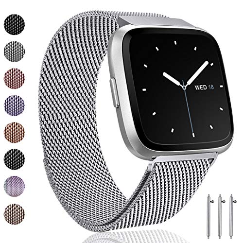 Ouwegaga Compatible for Fitbit Versa Bands Versa Lite Bands Women Men Straps Silver Small