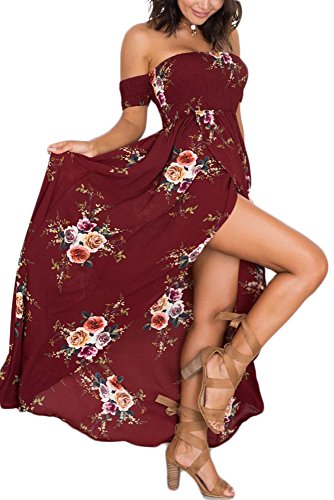 Genhoo Women Off The Shoulder Floral Split Boho Chiffon Maxi Beach Dress