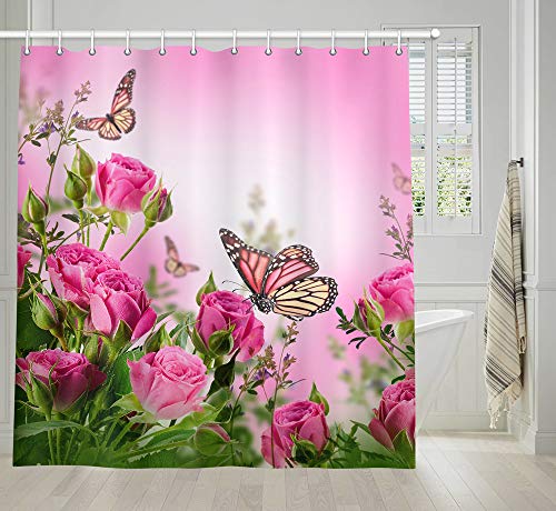 Book Cover NYMB Pink Flowers Shower Curtain, Butterflies and Spa Home of Spring Theme Zen Floral House, Fabric Bathroom Decorations, Bath Curtains Hooks Included, 69X70 inches ...
