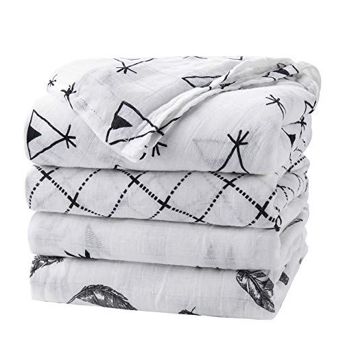 Book Cover upsimples Baby Swaddle Blanket Unisex Swaddle Wrap Soft Silky Bamboo Muslin Swaddle Blankets Neutral Receiving Blanket for Boys and Girls, Large 47 x 47 inches, Set of 4-Arrow/Feather/Tent/Crisscross