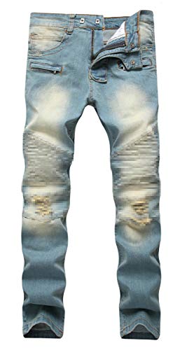 NITAGUT Men's Ripped Slim Straight fit Biker Jeans with Zipper Deco
