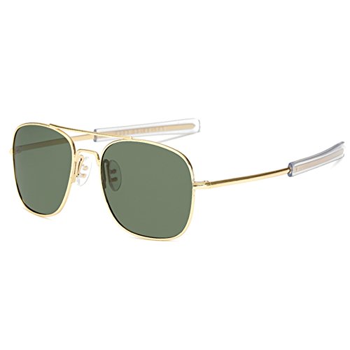LUDEM Mens Military Aviator Sunglasses Polarized Square 55mm Pilot Bayonet Temples (Gold & Dark Green, 55)