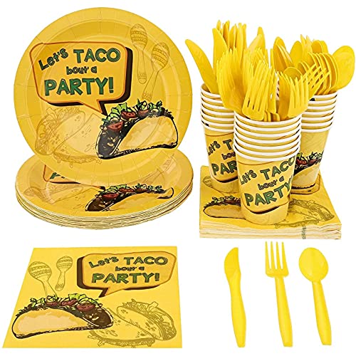Book Cover Let's Taco Bout Party Bundle for Birthdays, Fiestas, Includes Plates, Napkins, Cups, and Cutlery (24 Guests,144 Pieces)