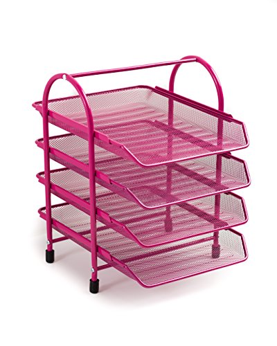 Klickpick Office 4 Tier Heavy Duty Metal Desktop Letter Tray File Organizer Sorter Desk Document Organizer Shelf Tray Magazine Holder Paper File Newspaper Organizer Tray - Pink