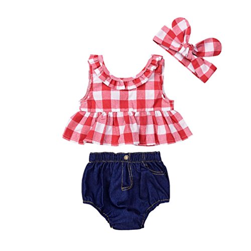 Lurryly Toddler Baby Girl Summer Plaid Skirted T-shirt Tops+Denim Shorts Clothes Set (Size:18M,Label Size:90, Red)