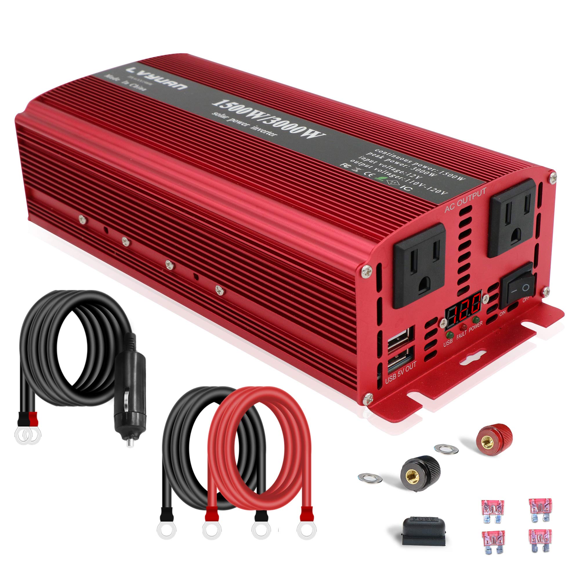 Book Cover LVYUAN 1500W/3000W Power Inverter Dual AC Outlets and Dual USB Charging Ports DC 12V to 110V AC Car 12V Inverter Converter with Digital Display 4 External 40A Fuses for Blenders, vacuums, Power Tools