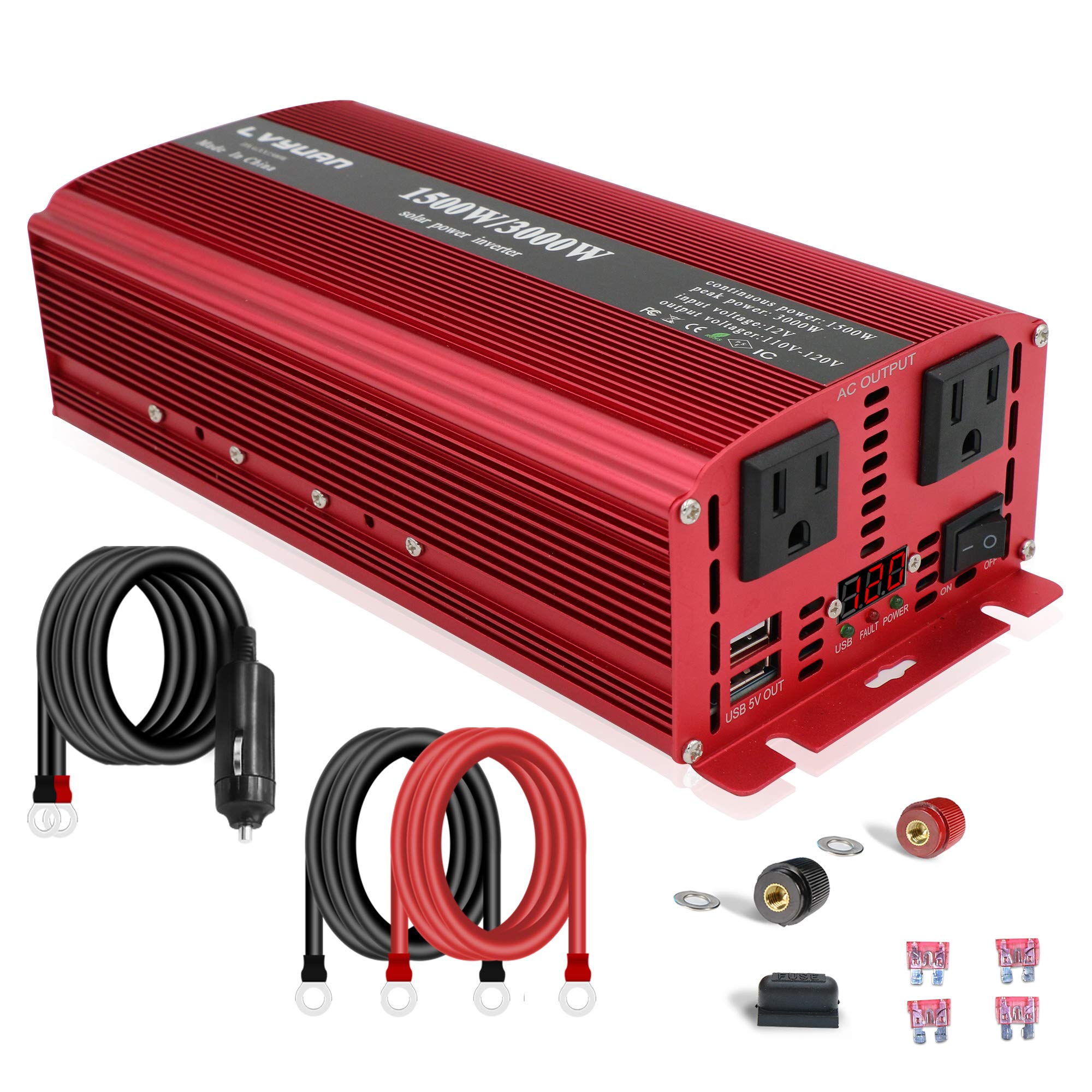 LVYUAN 1500W/3000W Power Inverter Dual AC Outlets and Dual USB Charging Ports DC 12V to 110V AC Car 12V Inverter Converter with Digital Display 4 External 40A Fuses for Blenders, vacuums, Power Tools