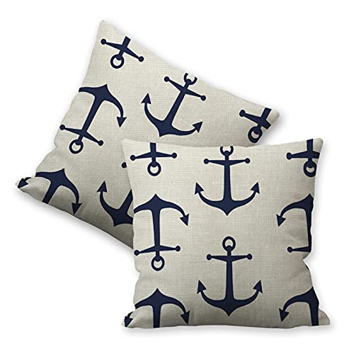 XXXFLOWER Anchor Pillow Cover Cushion Case 2 Pack Home Decorative Print Anchor Navy White Nautical Throw Pillowcases 18"x18" Square for Sofa Couch Chair Home Decor
