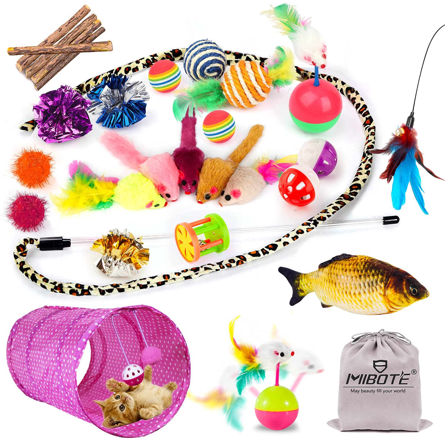 Book Cover MIBOTE 29Pcs Cat Toys Kitten Toys Assortments, Cat Tunnel Feather Teaser Wand Fish Fluffy Mouse Mice Balls and Bells Toys for Cat Puppy Kitty with Storage Bag