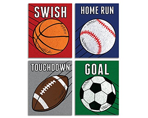 Book Cover Elegant Signs Sports Decor for Boys Room - Set of 4 (Football, Basketball, Baseball, Soccer) 8x10 Wall Art Prints for Decoration