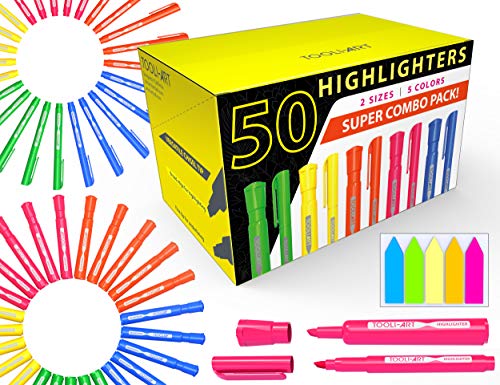 Book Cover 50 Chisel Tip Highlighters Markers Bulk Assorted Colors, Tank and Pen Type Combo, Bonus Sticky Index Tabs, 5 Vivid Fluorescent Colors: Office, School, Home, Students, Teachers, Bible Study