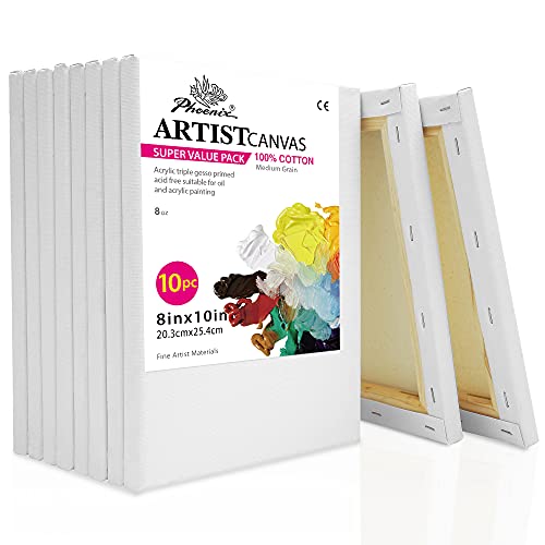 Book Cover PHOENIX Stretched Canvas for Painting 8x10 Inch/10 Value Pack, 8 Oz Triple Primed 5/8 Inch Profile 100% Cotton White Blank Canvas, Artist Framed Canvas for Oil Acrylic & Pouring Art