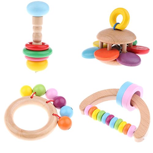 MagiDeal 4 pièces Jouet Montessori Hochet en Bois Tenir  Hochet Cadeau pour Bébé