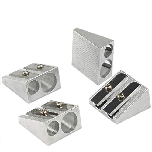 Book Cover Wekoil Pencil Sharpeners Manual Twin Metal Dual Sharpening Blade Double Holes Rectangular Pencil Sharpener for Colored Graphite Pencils Crayons Jumbo, Pack of 4,Silver