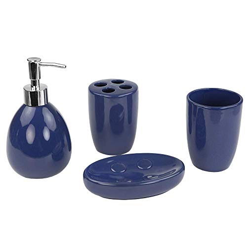 Book Cover Home Basics 4-Piece Bathroom Accessory Set, Includes Soap/Lotion Dispenser, Toothbrush and Toothpaste Holder, Soap Dish, and Tumbler, Navy