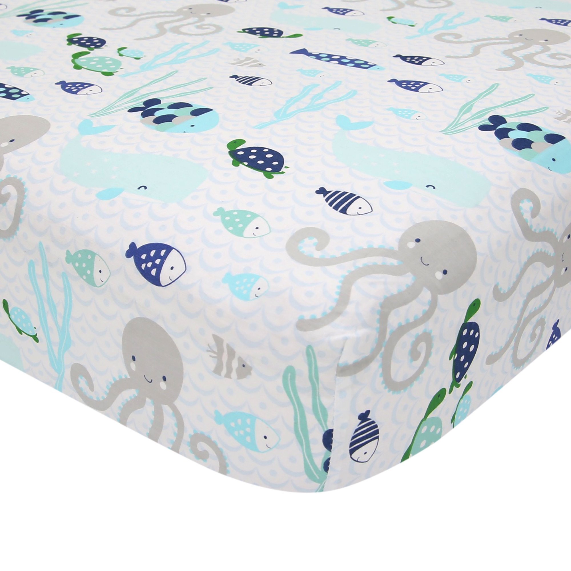 Book Cover Lambs & Ivy Oceania 100% Cotton Fitted Crib Sheet - White with Blue Nautical/Aquatic Fish and Octopus