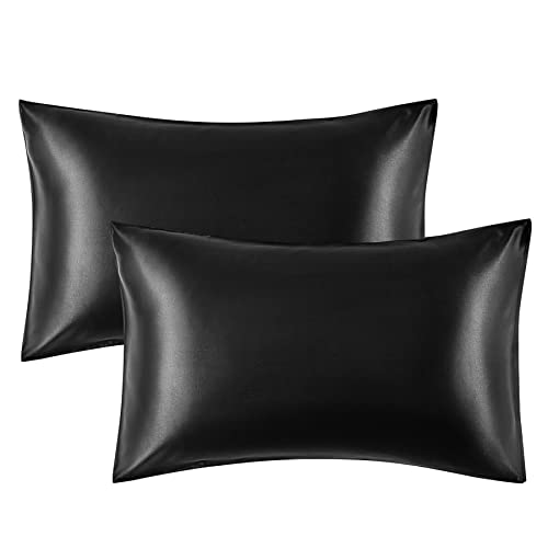 Book Cover Bedsure Satin Pillowcase for Hair and Skin Queen - Black Silk Pillowcase 2 Pack 20x30 inches - Satin Pillow Cases Set of 2 with Envelope Closure