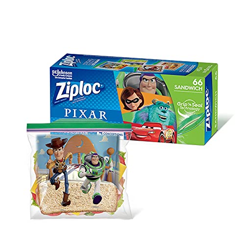 Ziploc Sandwich and Snack Bags for On the Go Freshness, Grip 'n Seal Technology for Easier Grip, Open, and Close, 66 Count, Pixar Designs