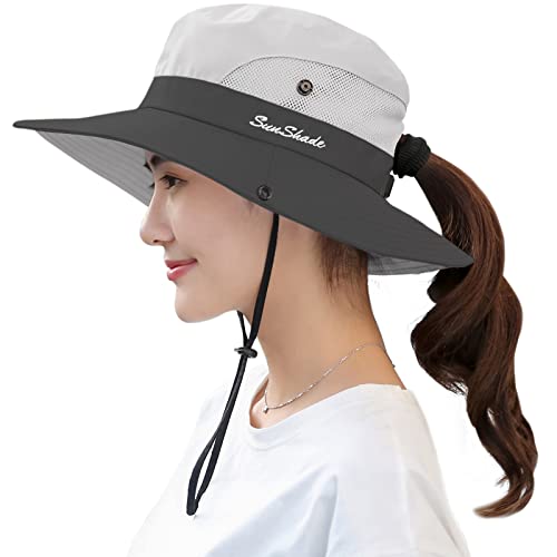 Muryobao Women's Ponytail Sun Hat UV Protection Foldable Mesh Wide Brim Beach Fishing Hat