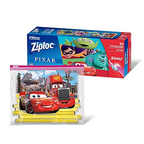 Book Cover Ziploc Quart Food Storage Slider Bags, Power Shield Technology for More Durability, 30 Count, Pixar Designs