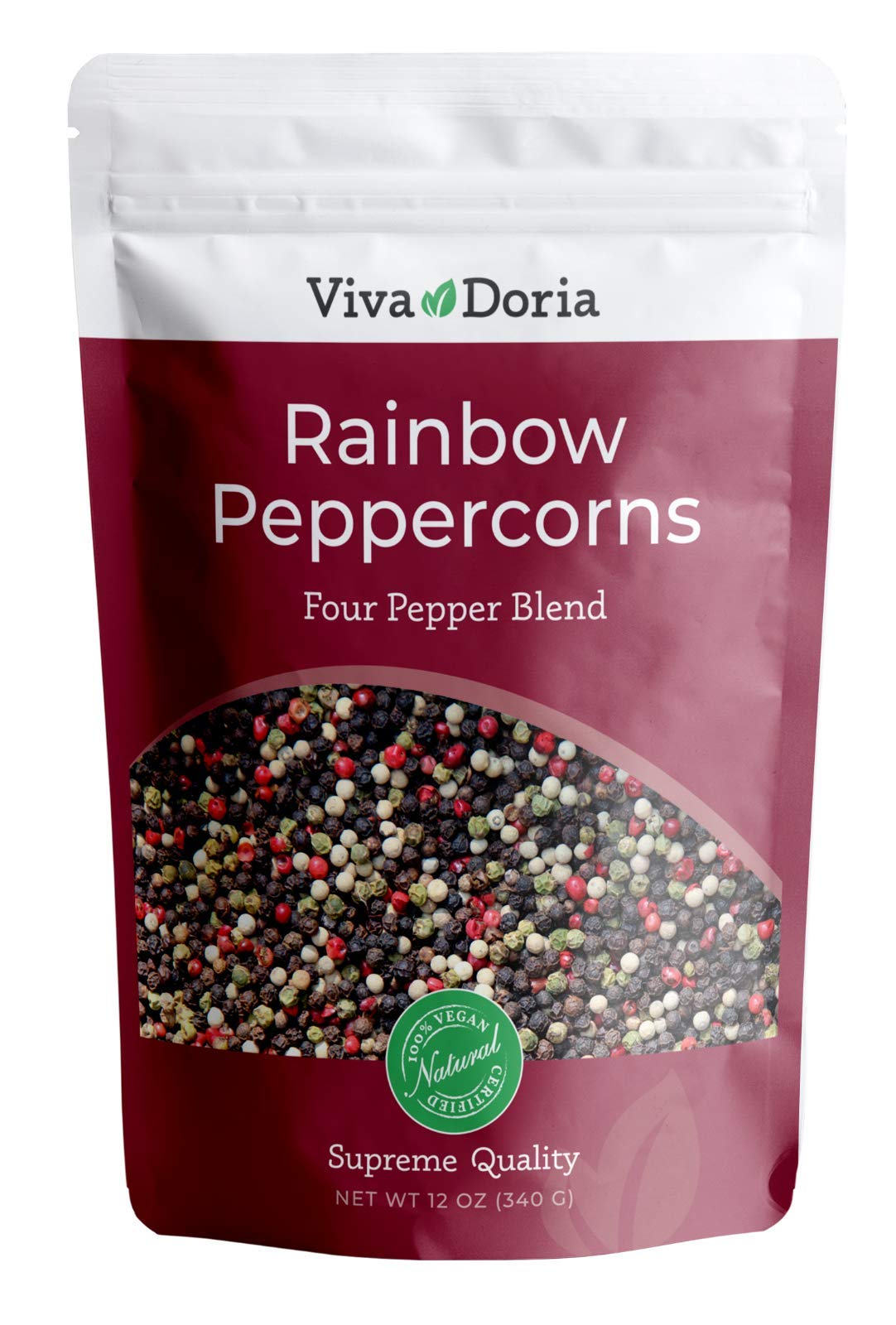 Book Cover Viva Doria Rainbow Peppercorns Blend, Steam Sterilized Whole Black Pepper, Whole Green Pepper, Whole Pink Pepper, Whole White Pepper, 12 Oz, For Grinder Refills 12 Ounce (Pack of 1)