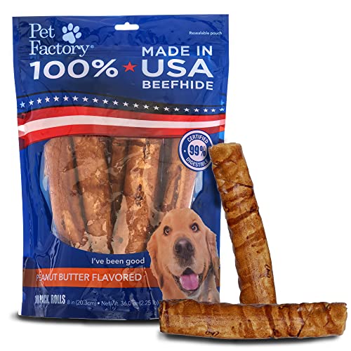 Pet Factory 100% Made in USA Beefhide 8" Rolls Dog Chew Treats - Peanut Butter Flavor, 10 Count/1 Pack