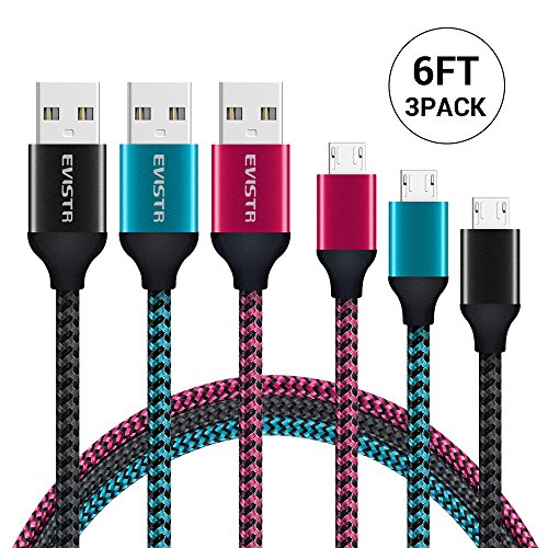 Micro USB Cable, EVISTR 3PACK 6FT Charging Cable for Android Durable Nylon Braid Cell Phone Cable USB 2.0 A Male to Micro B Sync Data Cord Compatible with Samsung Note 5,4,3, Moto Smartphones Tablet