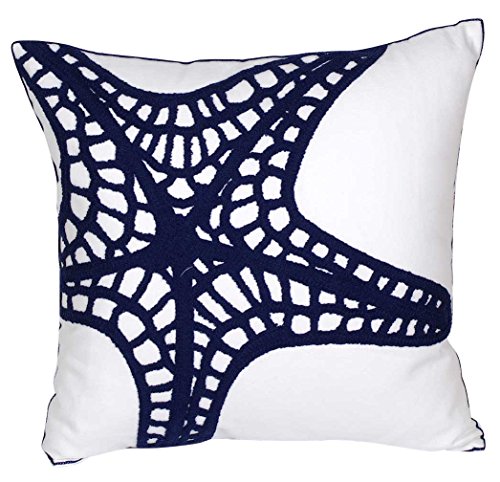 DECOPOW Embroidered Nautical Decor Pillow Covers,Square 18 Inches Decorative Canvas Pillow Cover for Nautical Style Deco by (Navy-Starfish-New)