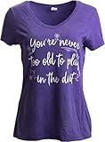 Ann Arbor T-shirt Co. Never Too Old to Play in Dirt | Funny Gardener Gardening V-Neck T-Shirt for Women - Heather Purple, Large