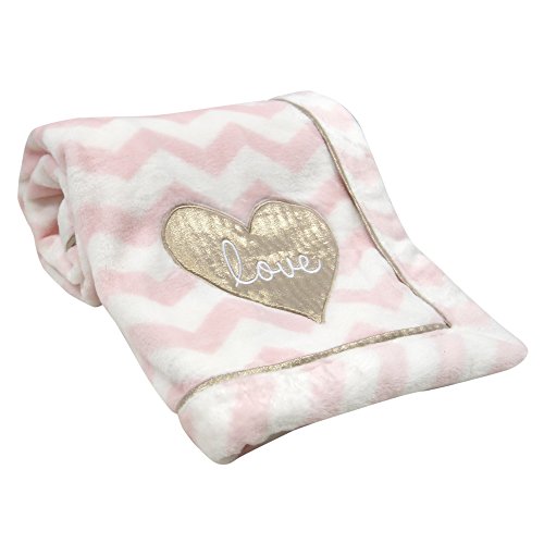 Lambs & Ivy Baby Love Minky Blanket - Pink/White with Gold Love Heart