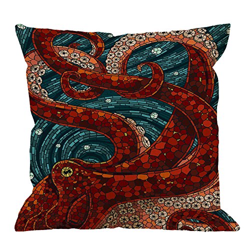 HGOD DESIGNS Kraken Pillow Case, Sea Monster Octopus Cotton Linen Cushion Cover Square Standard Home Decorative Throw Pillow for Men/Women/Kids 18x18 inch Blue Red