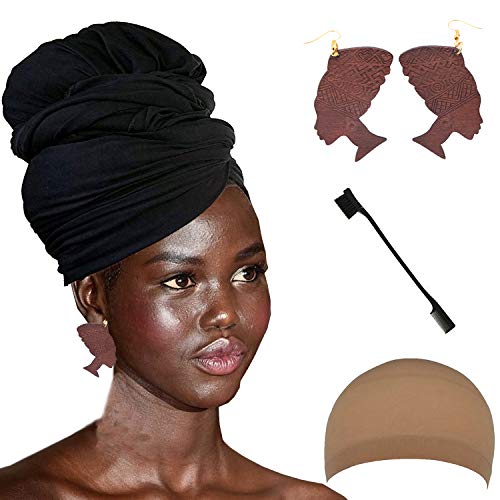 Long Stretch Head Wrap Set- Solid Color African Turban Hair Scarf Tie, Double Sided Edge Control Hair Brush Comb Combo