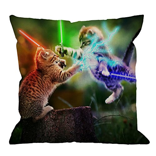 Book Cover HGOD DESIGNS Cat Pillow, Bright Two Cat Fights in The Cotton Linen Cushion Cover Square Standard Home Decorative Throw Pillow for Men/Women 18x18 inch Green,Blue
