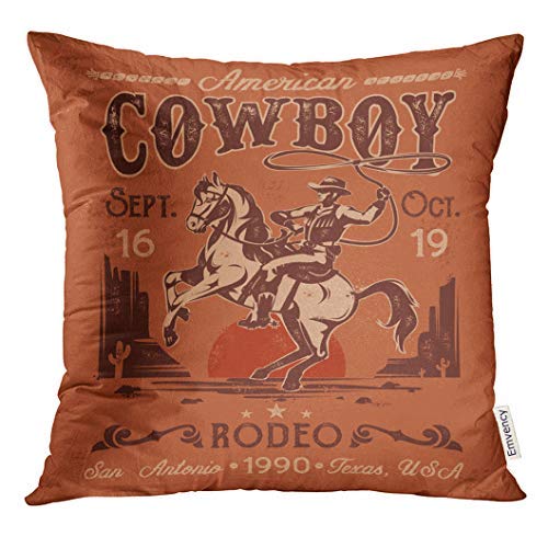 Book Cover VANMI Throw Pillow Cover Western with Cowboy Sitting Rearing Horse in Retro Style Rider American Decorative Pillow Case Home Decor Square 18x18 Inches Pillowcase