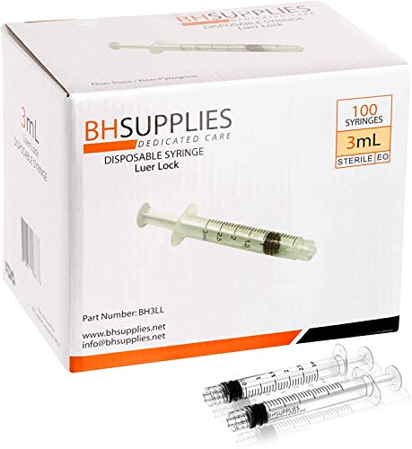BH Supplies 3ml Luer Lock Tip Syringes (No Needle) - Sterile, Individually Wrapped - 100 Syringes